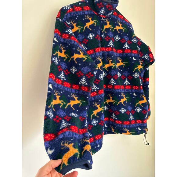 Vintage L.L.Bean Peace on Earth Reindeer Print Synchilla Pullover Fleece - Picture 2 of 8